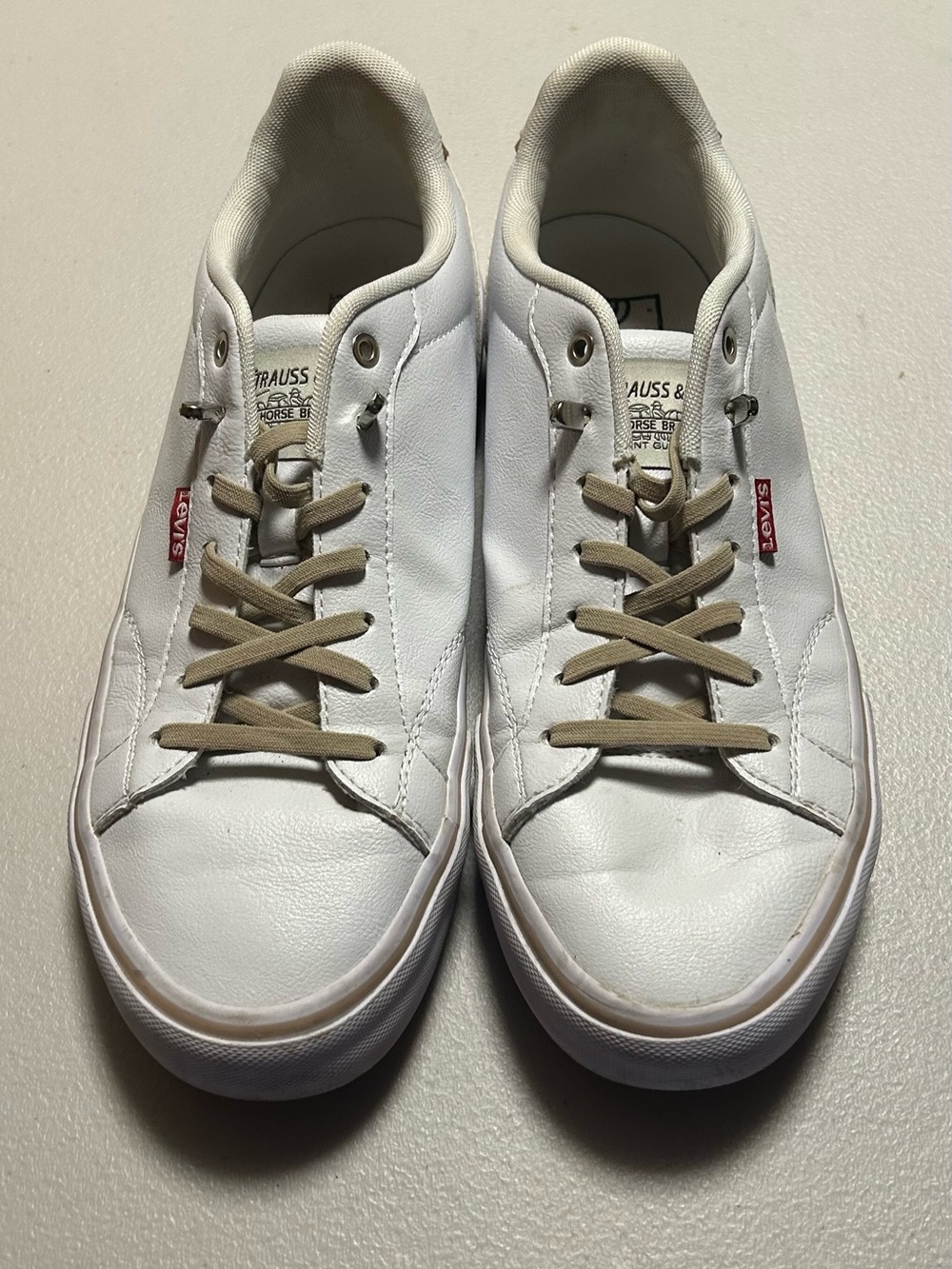 Levi's White Low-Top Leather Sneakers with Tan Elastic Laces - Size 8
